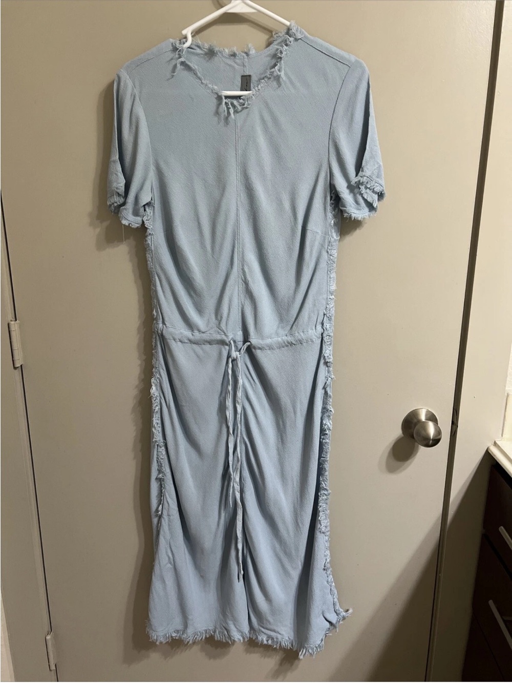 Raquel Allegra Light Blue Fringe-Trim Midi Dress